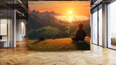 a wonderful landscape illustration at sunste, man watching the horizon, ai generated image Wall mural