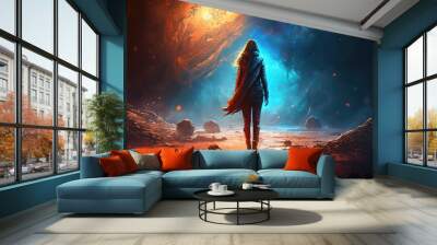 an epic illustration of a brave woman walking with a galaxy theme in the background Wall mural