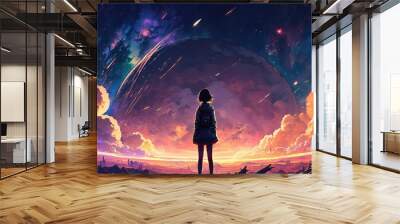 an impressive epic inspired landscape scene with a girl standing in front of the universe, watching the planet, generative ai technology Wall mural