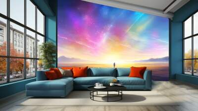 an impressive shining radiant sky with different colors and a small girl watching it, magical wallpaper, ai generated image Wall mural