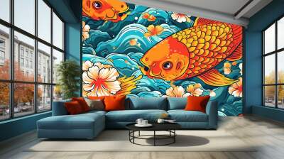 beautiful hawaiian inspired koi fish wallpaper artwork, ai generated image Wall mural