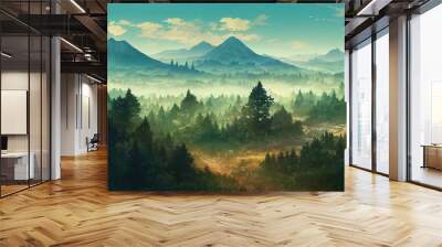 fantasy anime landscape illustration with mountains and sky, a path in the forest Wall mural