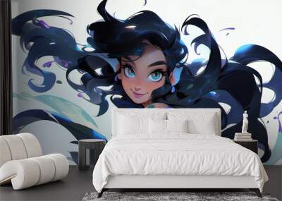 impressive animation inspired anime girl with long black hair, wallpaper modern design Wall mural