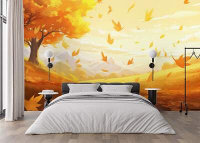 leaves in a blowing wind, autumn manga wallpaper, ai generated image Wall mural