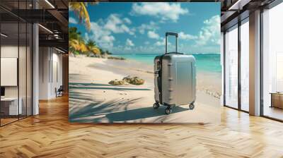 Luggage on Tropical Beach with Palm Trees and Ocean Wall mural