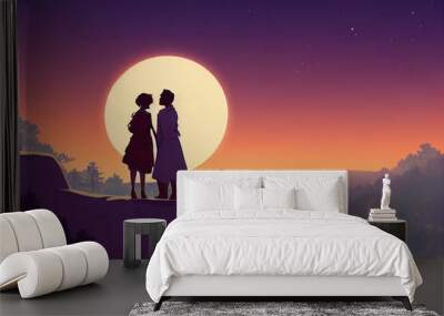 man and woman standing on a hill in front of the moon, cartoon art Wall mural