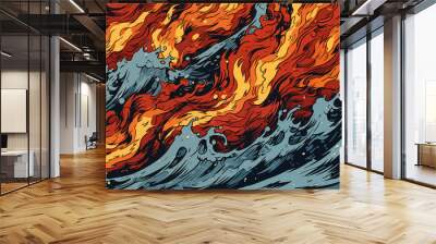 modern japanese inspired fire and water crashing fighting, wave style Wall mural