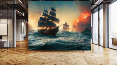 pirate ship fighting scene, fire canons ahead, disaster Wall mural