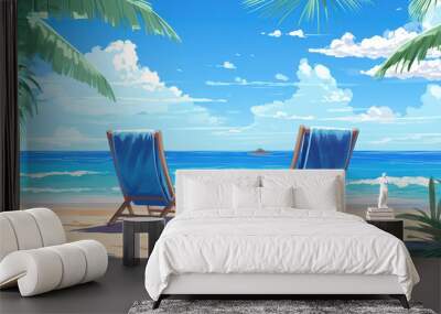 two chairs at the beach, anime artwork, peaceful summer, ai generated image Wall mural