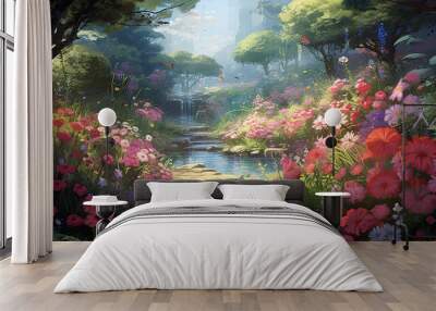 wonderful anime illustration of a peaceful garden full of flowers Wall mural