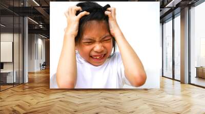 Stress 7 years old asian girl during home online learning. Schools closed because of the increasing number of confirmed Covid19 (Corona Virus) cases . Wall mural