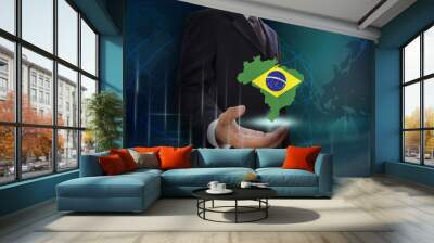 Businessman showing map of Brazil on globe background Wall mural