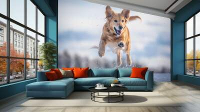 Jumping dog in the snow Wall mural