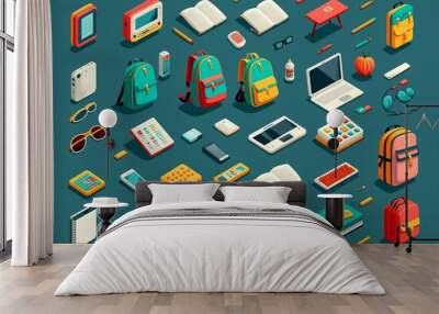 A set of school-themed icons featuring backpacks, textbooks, calculators, and other essentials. Wall mural