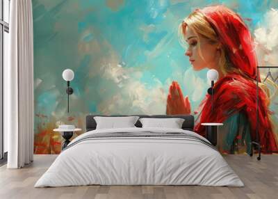 Artistic Illustration of Mother Mary in Prayer Wall mural