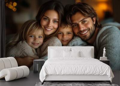 Joyful Children and Parents on Sofa Wall mural