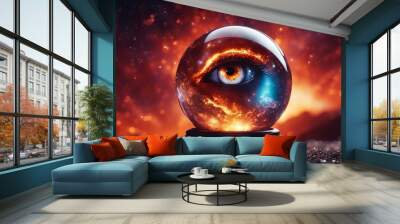  highly intricately photograph of Demon eye in burning flames inside a crystal ball,  Wall mural