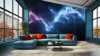 Abstract blue and pink neon glowing particles in dark space background. Wall mural