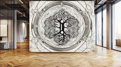 background with a pattern _A light dotwork geometry design with a flower of life and natural style.   Wall mural