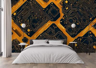 circuit board background a computer circuit with a pattern of gold and black  Wall mural