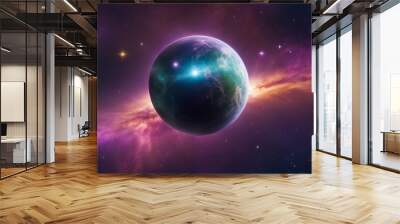 earth and sun  A spherical panorama of a space scene with a blue and green exoplanet, a purple and pink nebula,   Wall mural