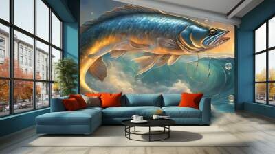 fish in the water A dynamic scene of a fishing rod bending as a bass fish pulls on the fishing lure, with waves   Wall mural