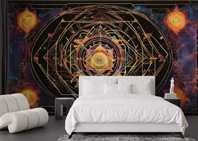 fractal background _a sacred geometry art with a sri yantra and alchemy style. the art has a black b Wall mural