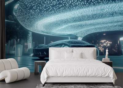 Futuristic black car parked under glowing futuristic lights. Wall mural