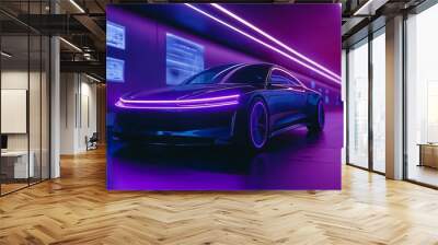 Futuristic electric car in a neon lit tunnel. Wall mural