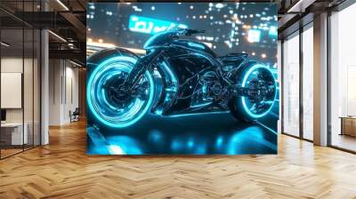 Futuristic motorcycle with glowing blue wheels in a city at night. Wall mural