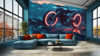 Futuristic motorcycle with neon lights parked on a rocky surface. Wall mural