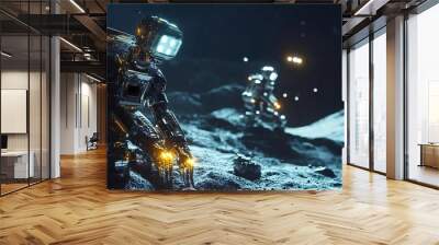 Futuristic robot with glowing lights exploring an alien landscape. Wall mural