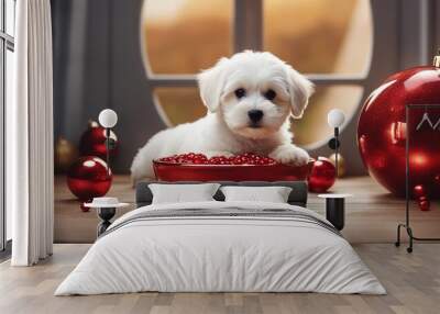 highly intricately detailed photograph of Cute Bichon Havanese puppy dog is lying beside a red bowl    Wall mural