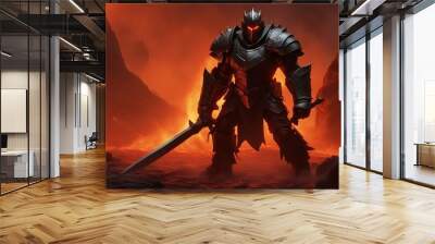 knight on the fire A daring knight challenges a lava dragon demon in a volcanic realm. The knight is clad in   metal Wall mural