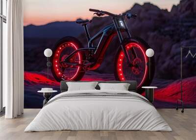 Modern electric mountain bike with red LED lights on the wheels at dusk, illuminated with red light against a rocky background. Wall mural