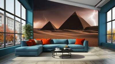 pyramids in the desert _A dramatic scene of a pyramid and lightning, creating a contrast of light and dark.   Wall mural