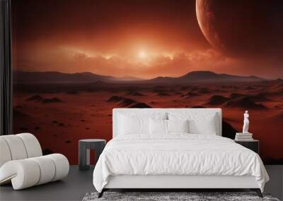 sunrise over the alien desert  A red planet with a clayey surface. The planet has a high temperature and a stormy sky Wall mural