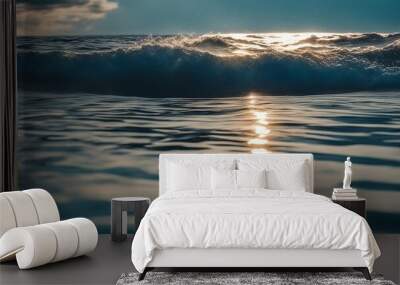 sunrise over the lake A blue water sea waves illustration, showing the reflection and the distortion of the water.   Wall mural