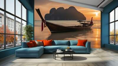 sunset on the beach boat on the beach at sunset  Wall mural