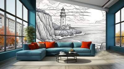 the river in the mountains _black and white, coloring book page,        A lighthouse on a cliff, overlooking the sea   Wall mural