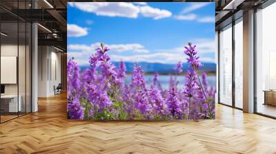 Purple wildflowers under a sky backdrop Wall mural