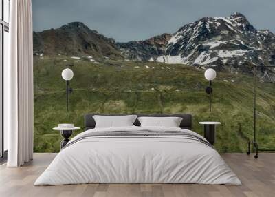 two peaks and a green slope covered with green mosses and lichen, alpine view in early summer after the snow has melted Wall mural