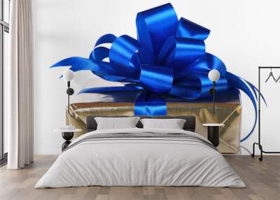 Gold present with blue ribbons and bow Wall mural