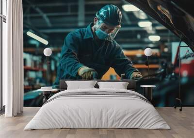 A mechanic in a blue jumpsuit and a face mask works on a car engine in a garage. Wall mural