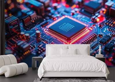 Close-up of a computer motherboard with glowing red and blue lights. Wall mural