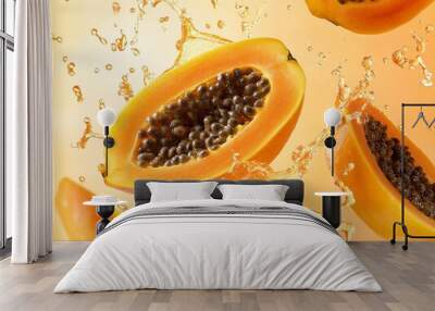 Fresh Papaya Slices Splashing in Water Wall mural