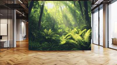 Lush green forest with sunlight filtering through Wall mural