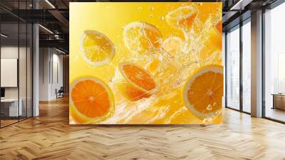 Orange Slices Splashing in Water Against Yellow Background Wall mural