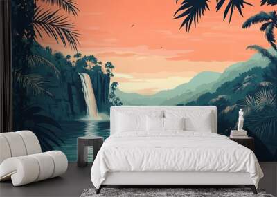 Serene waterfall in lush tropical landscape Wall mural