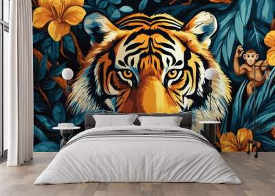 Tiger amidst tropical foliage and flowers Wall mural